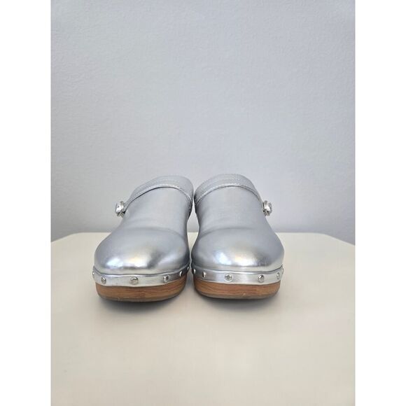 Gap Silver Metallic Faux Leather Clogs Women’s 8 Wood Heel Mules Retro Y2K - Picture 9 of 11